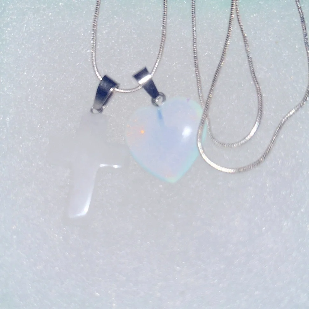 Boho hippie Quartz Crystal Cross and Opal heart Sterling Silver 16” Nec…